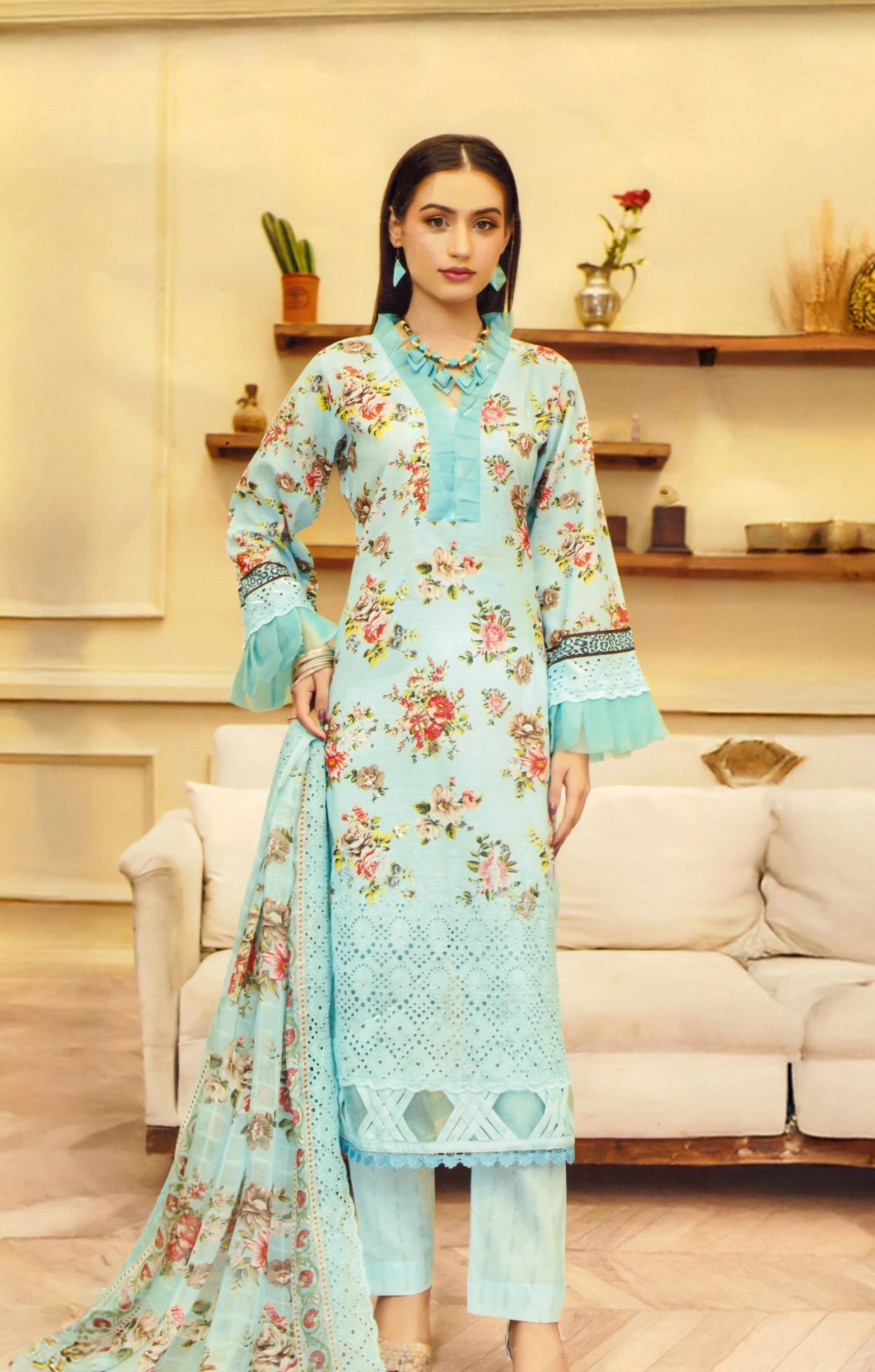 Powder Blue Floral Embroidered Lawn Suit