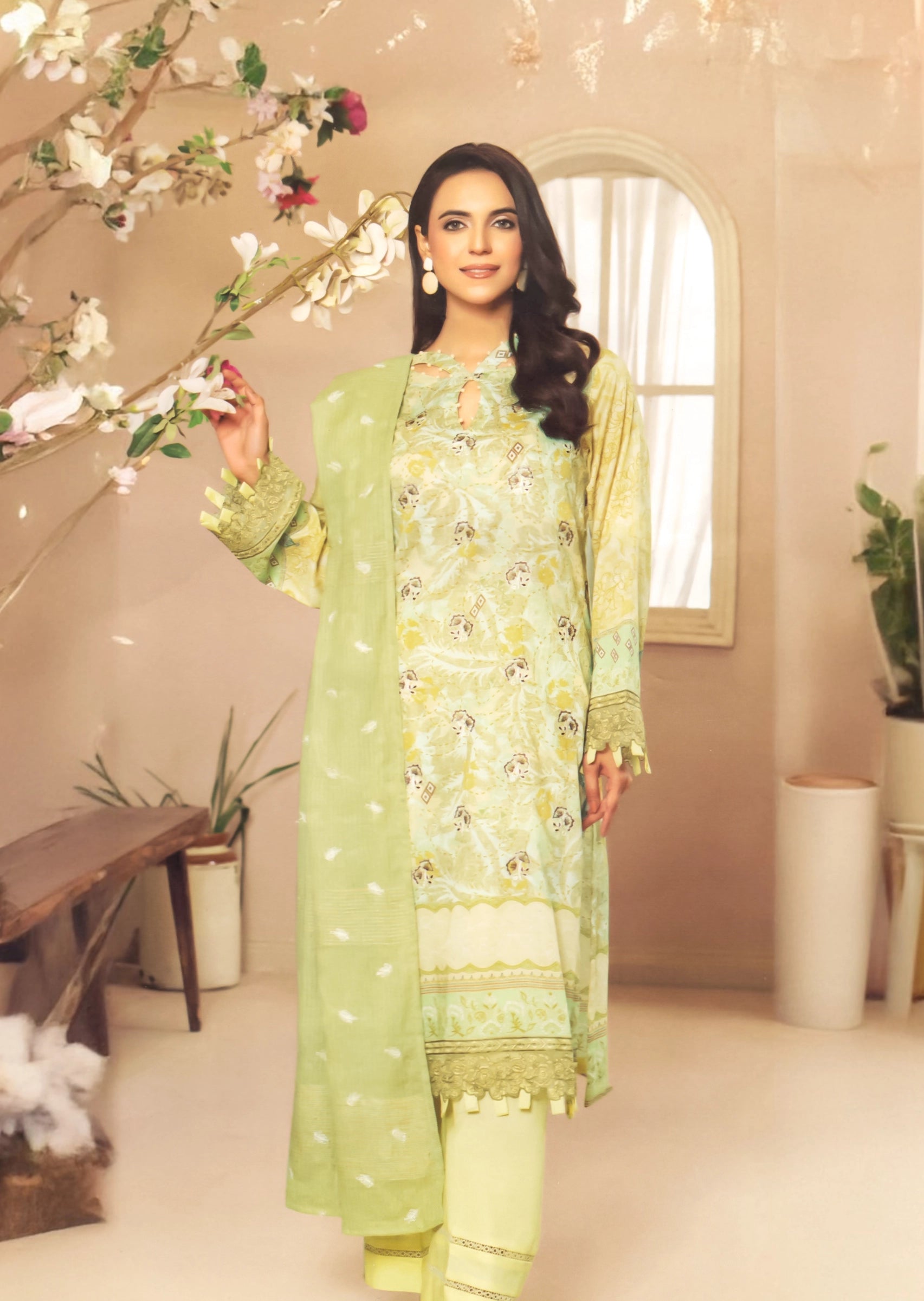 Pastel Green Floral Embroidered Lawn Suit