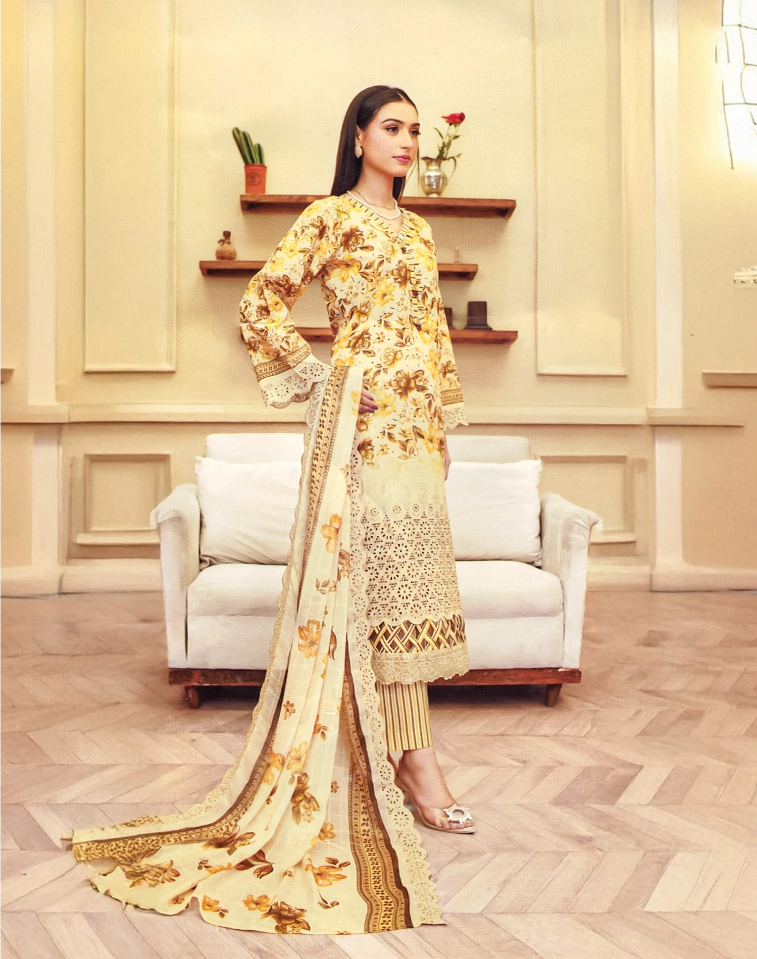 Golden Blooms embroidered lawn fabric