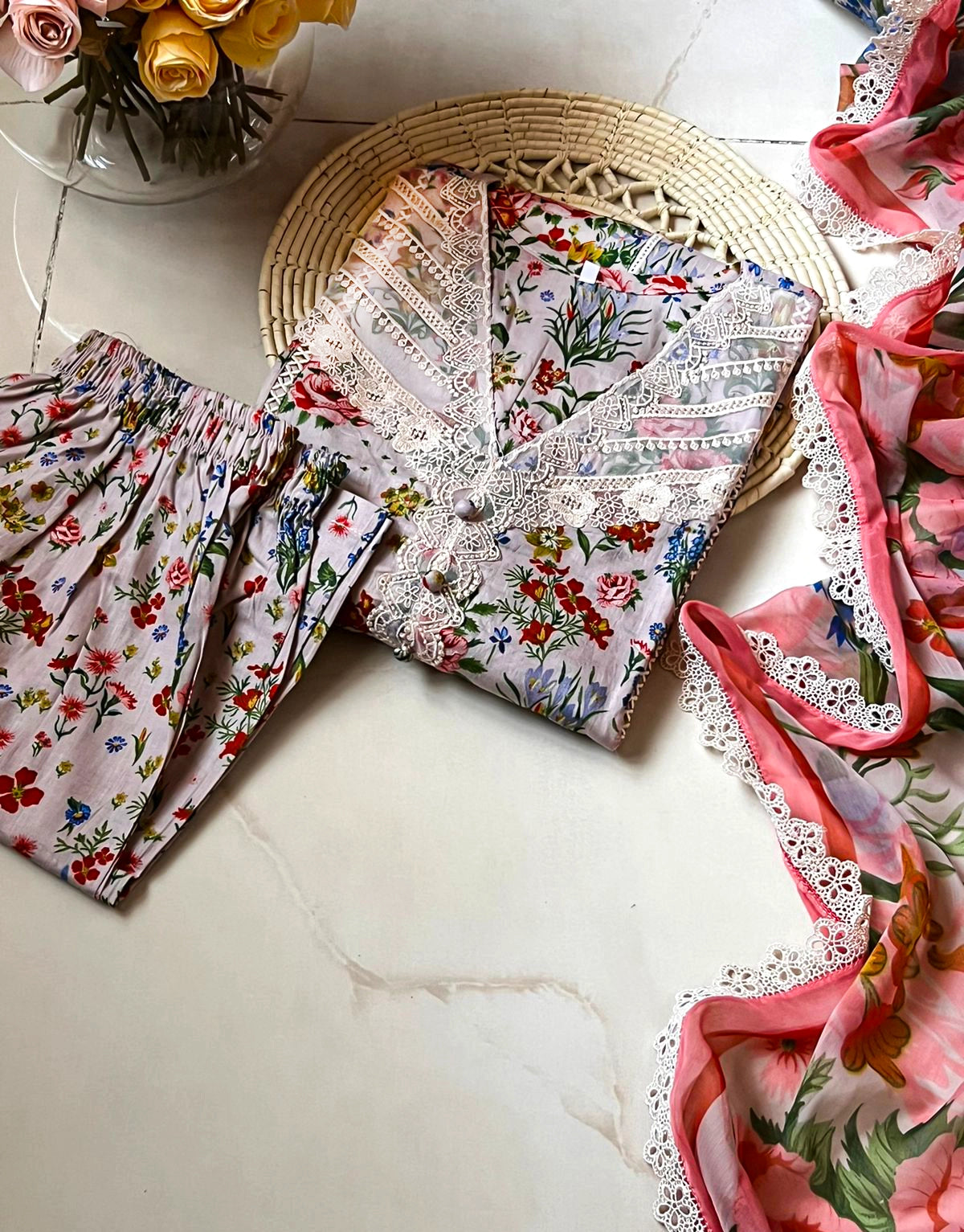 Blush Garden – 3-Piece Floral Embroidery & Chiffon Dupatta