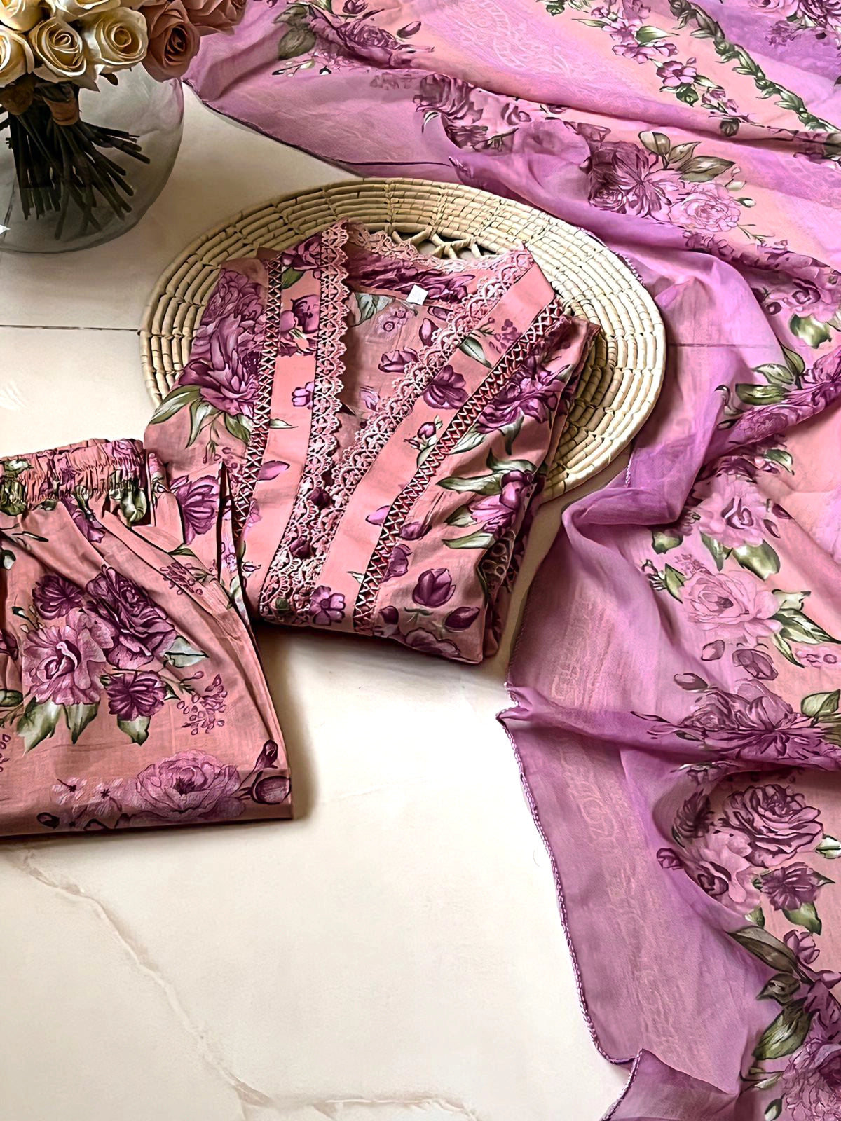 Rosé Blush – 3-Piece Pink Stitched Lawn Suit