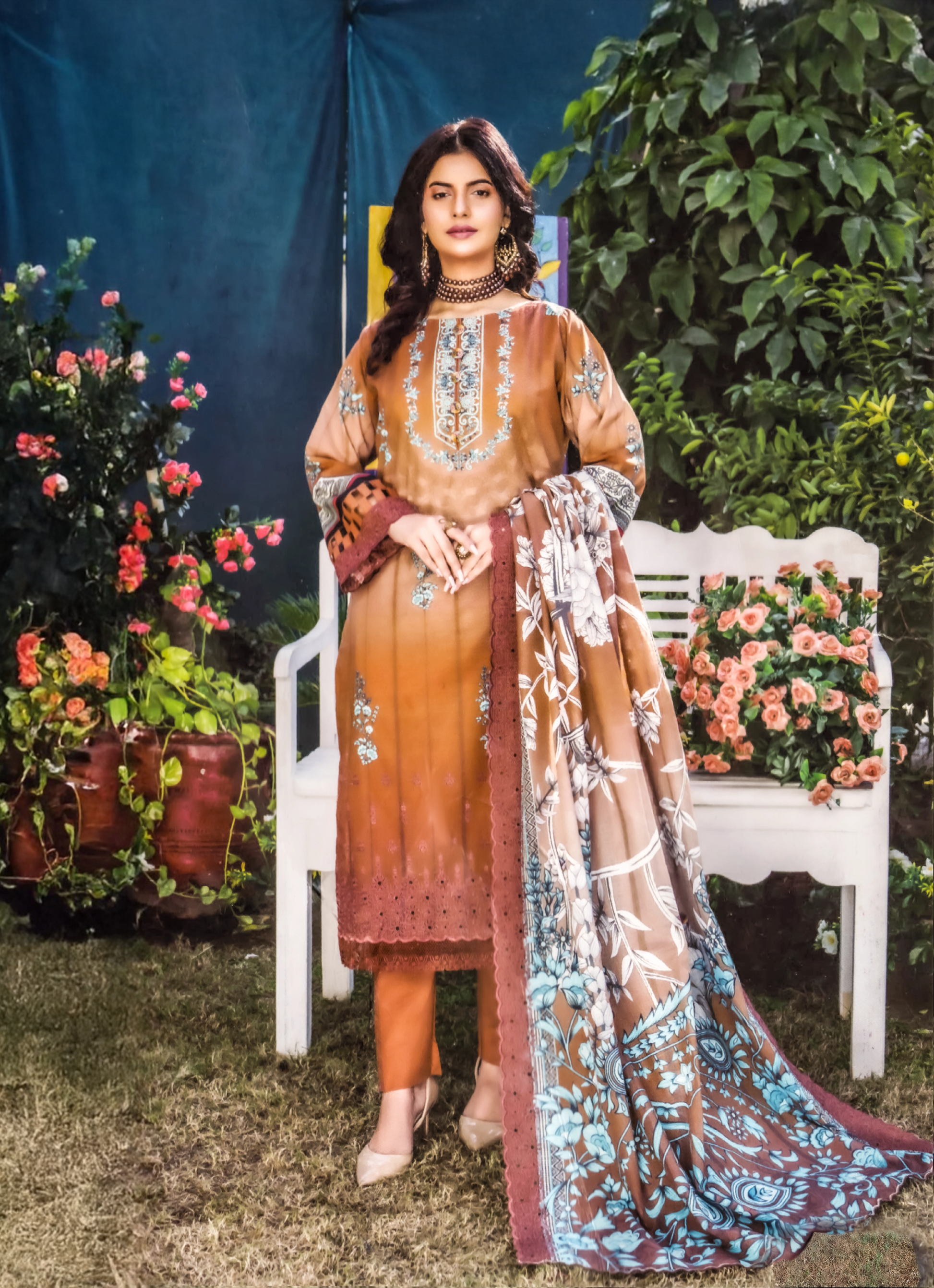 Rangoli Brown & Blue Digital Printed Embroidered Lawn Suit