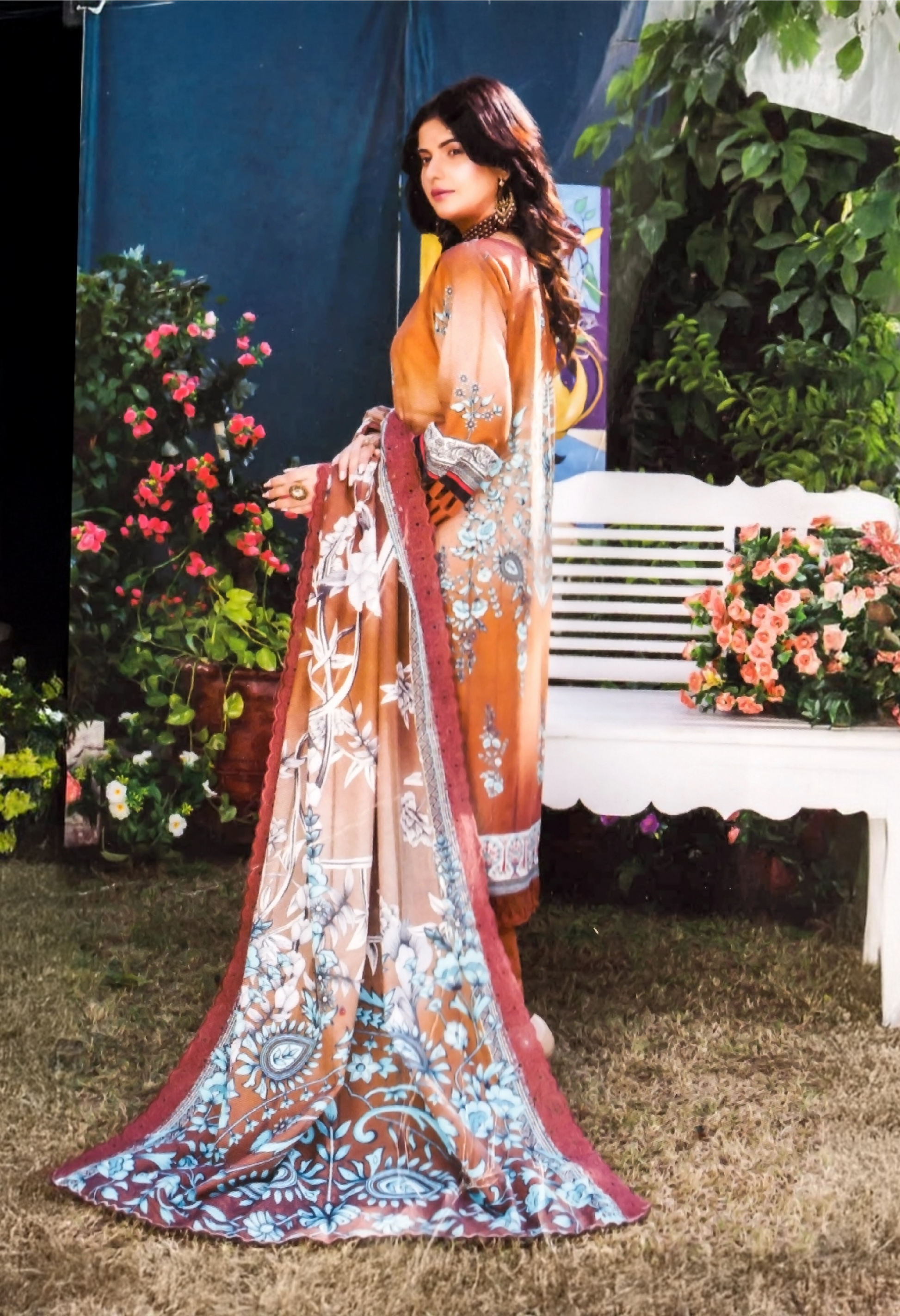 Rangoli Brown & Blue Digital Printed Embroidered Lawn Suit