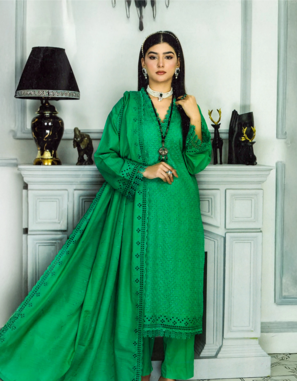 Green Chikankari Embroidered Lawn Suit with Dupatta & Trouser