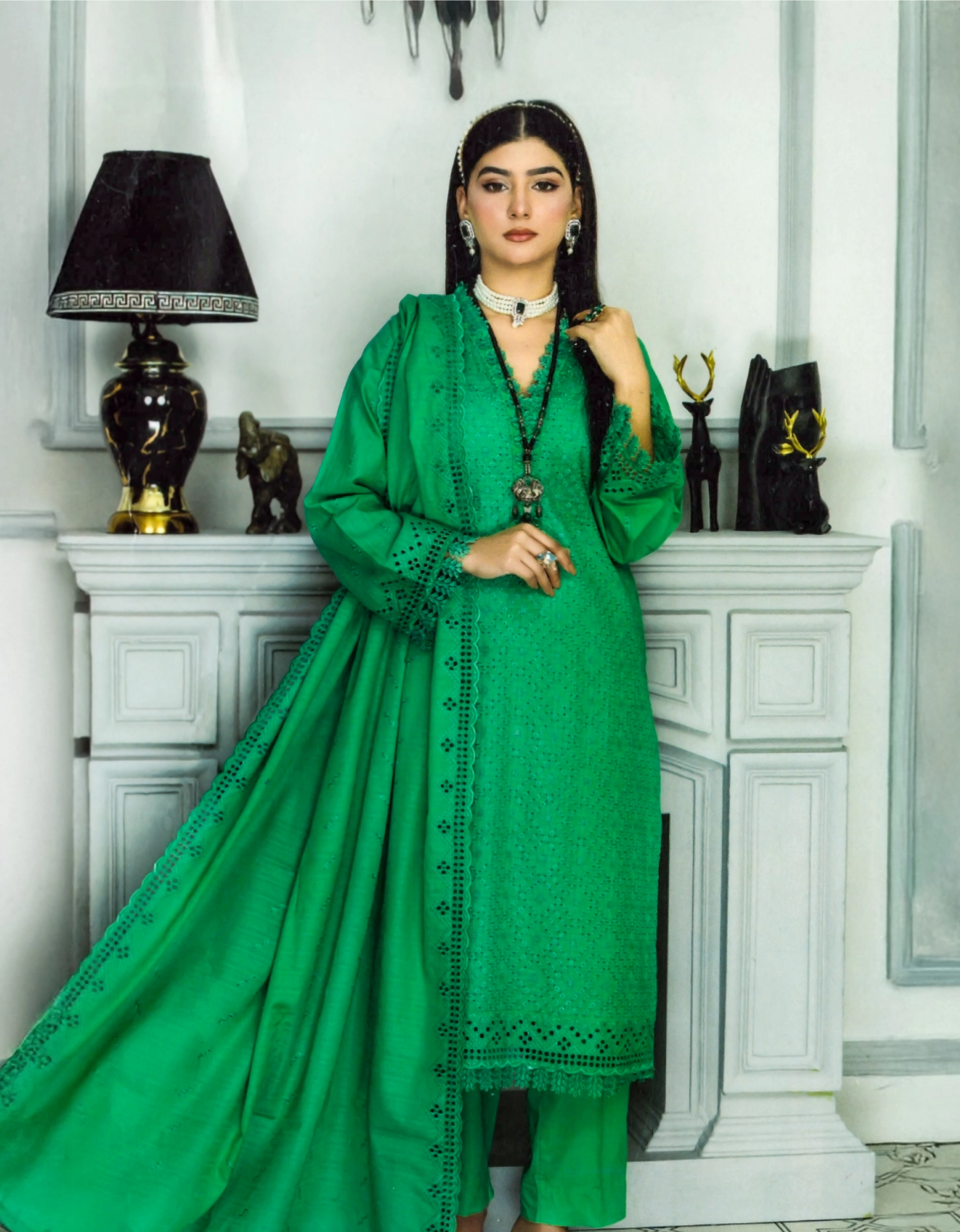 Green Chikankari Embroidered Lawn Suit with Dupatta & Trouser