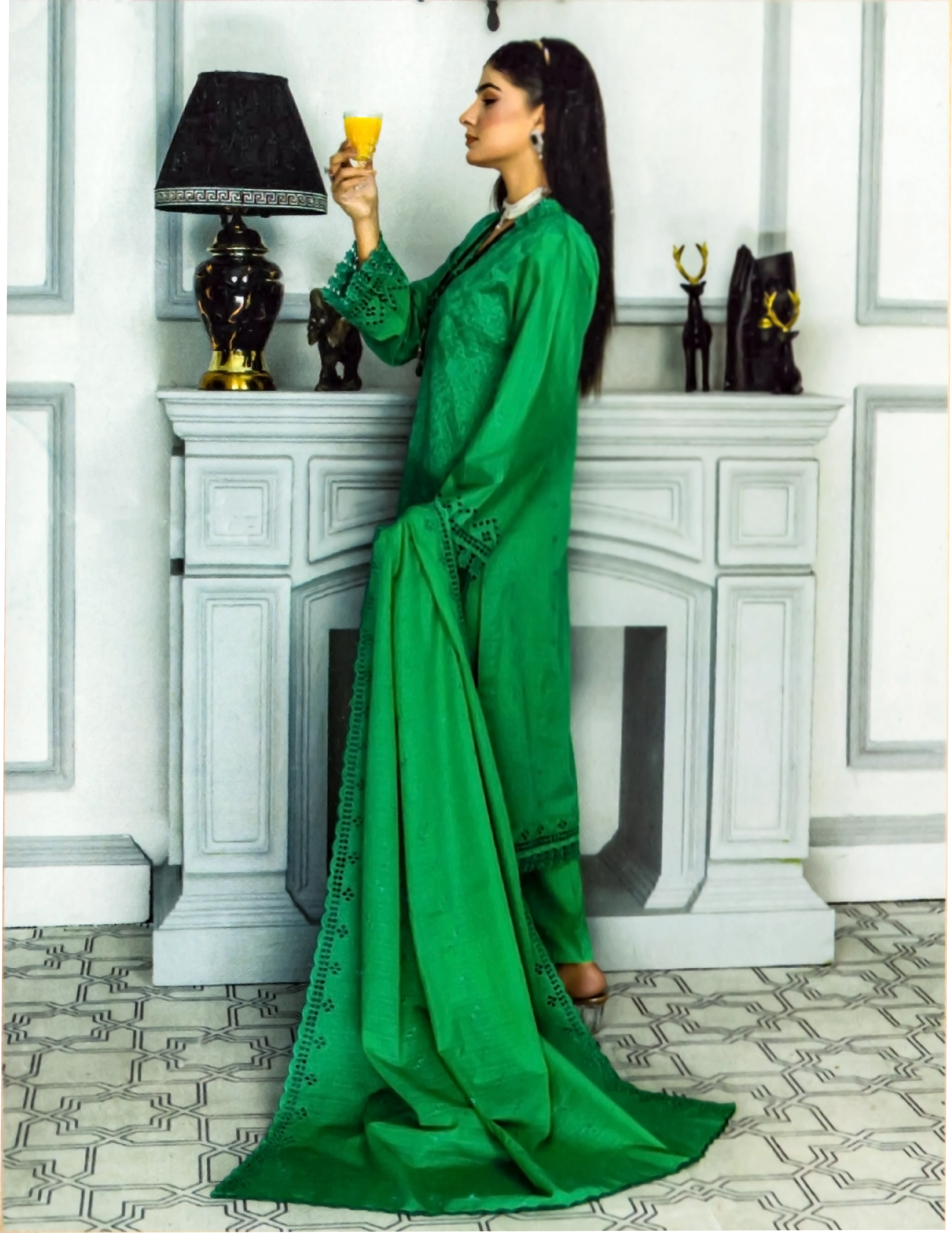 Green Chikankari Embroidered Lawn Suit with Dupatta & Trouser