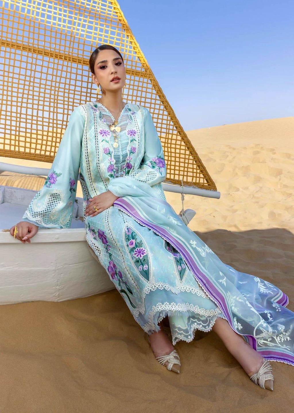 Mint Blue & Lilac Embroidered Premium Lawn Suit