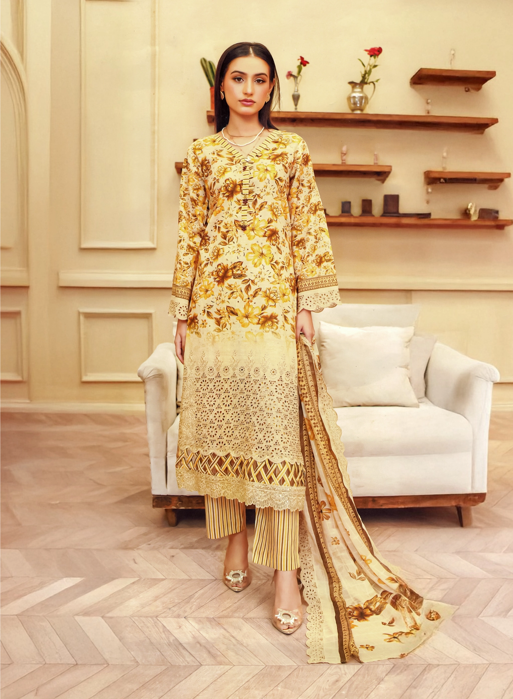 Golden Blooms embroidered lawn fabric