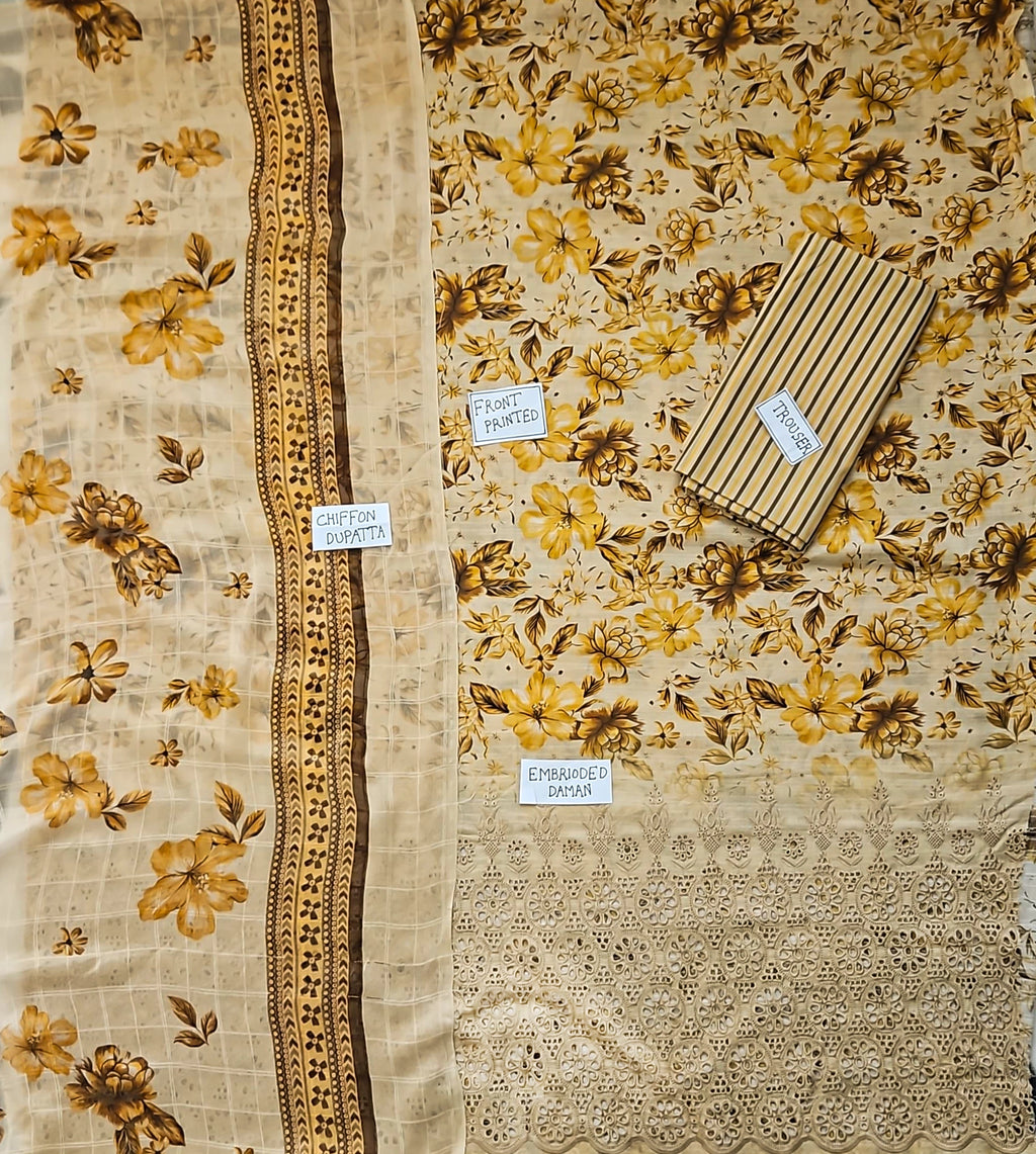 Golden Blooms embroidered lawn fabric