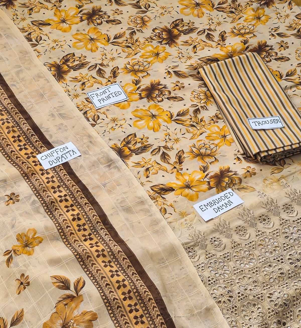 Golden Blooms embroidered lawn fabric