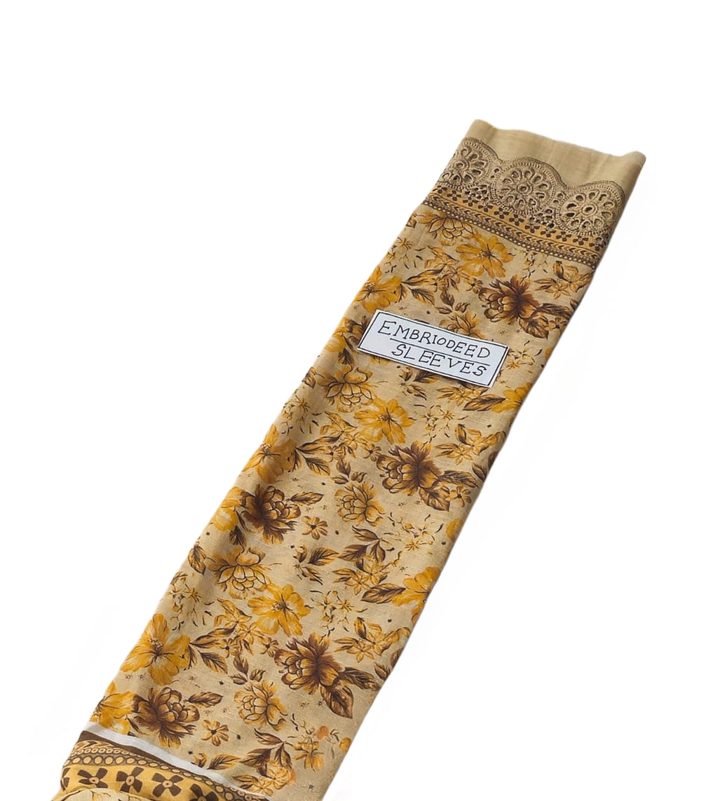Golden Blooms embroidered lawn fabric