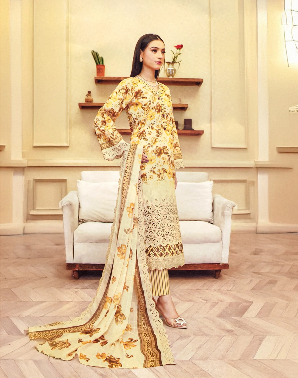 Golden Blooms embroidered lawn fabric