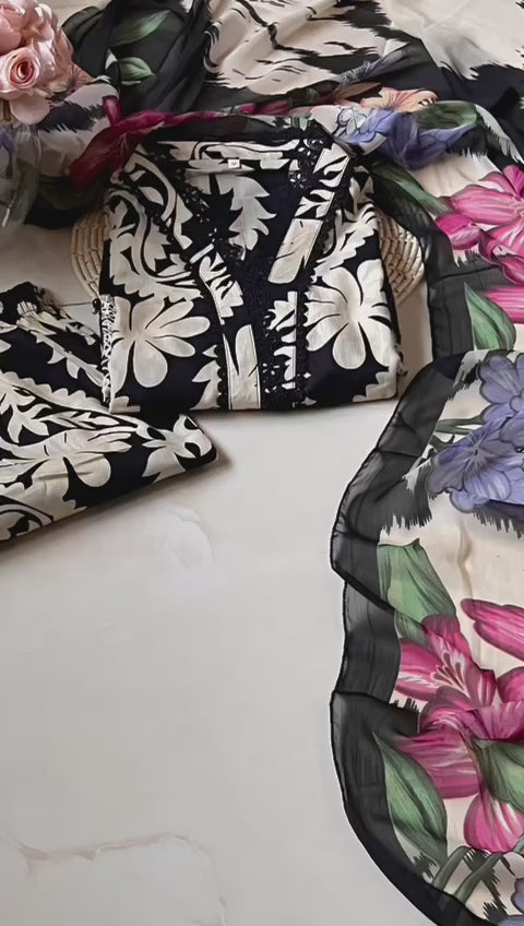 Midnight Bloom –  3-Piece Black & White Stitched Lawn Suit