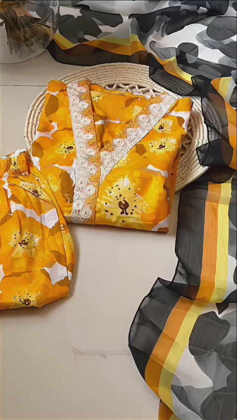 Sunburst Bloom – 3-Piece Orange Stitched Lawn Suit