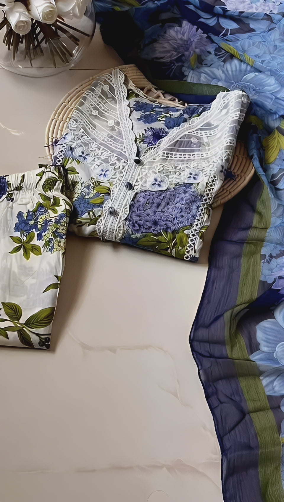 Bluebell Grace – 3-Piece White & Blue Stitched Lawn Suit