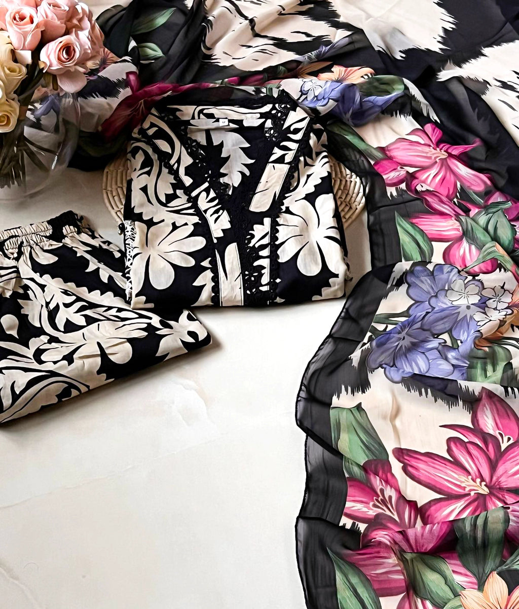 Midnight Bloom –  3-Piece Black & White Stitched Lawn Suit