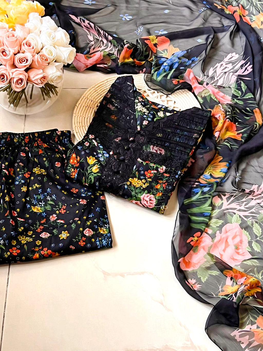 Noir Flora –  3-Piece Black Floral Stitched Lawn Suit