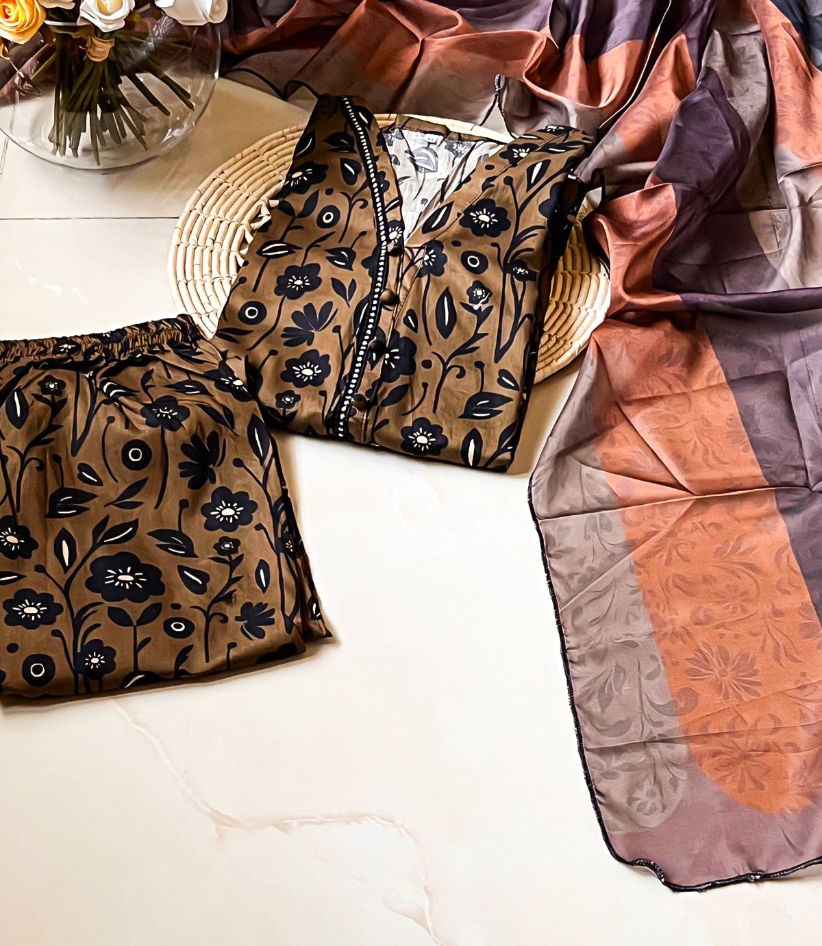 Mocha Bloom – 3-Piece Brown Stitched Lawn Suit