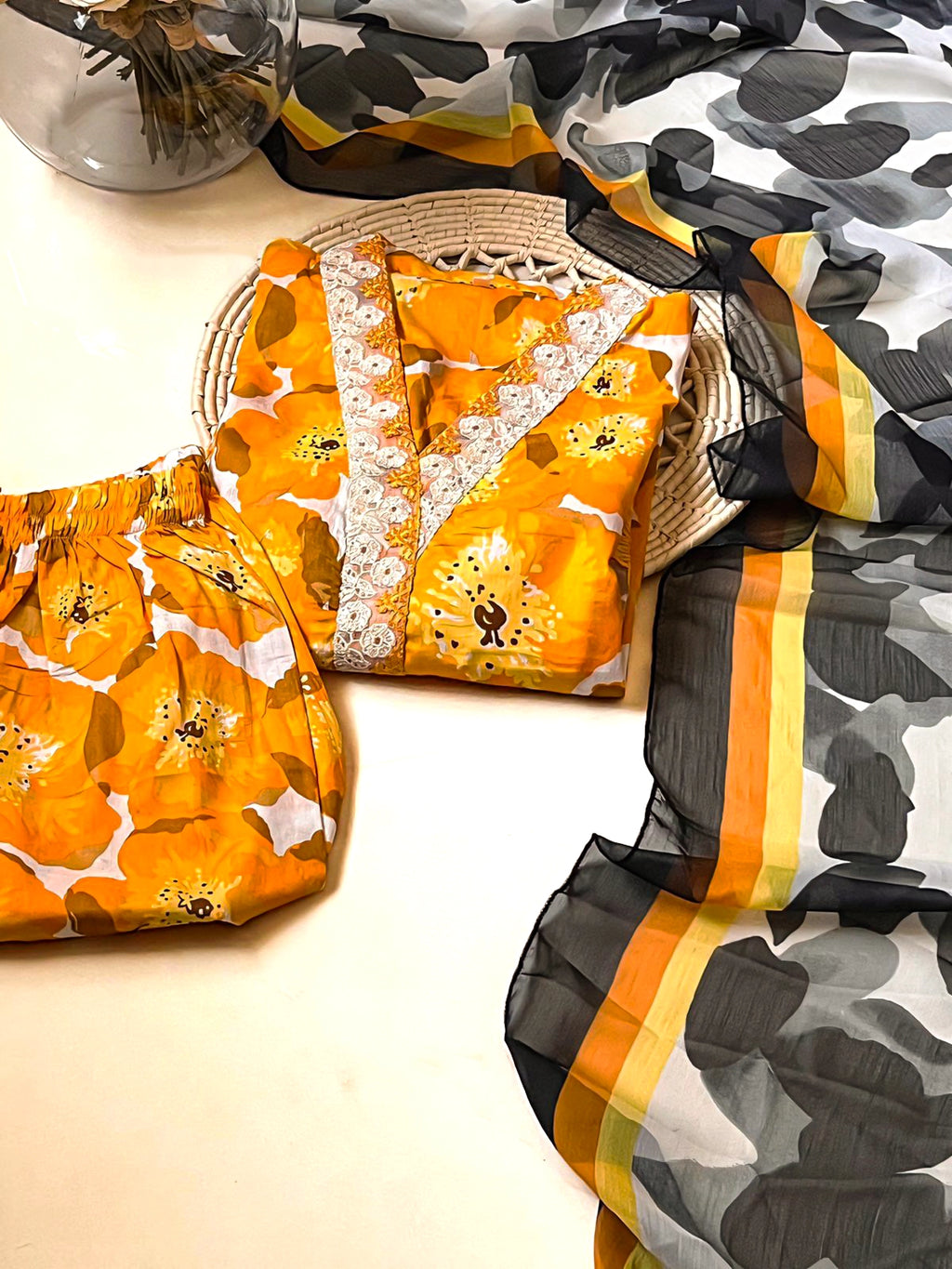 Sunburst Bloom – 3-Piece Orange Stitched Lawn Suit