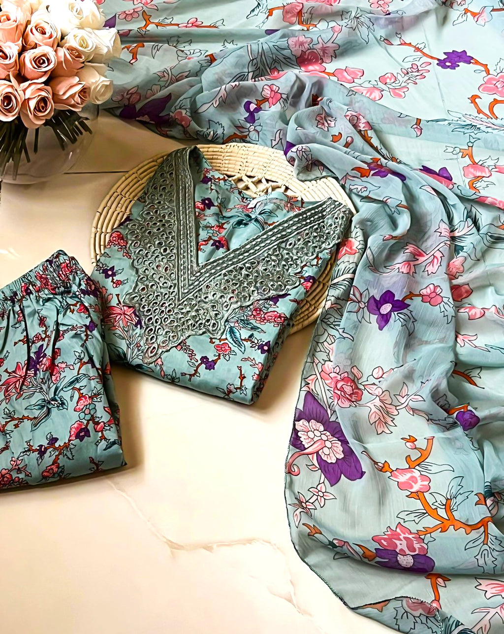 Sky Blossom – 3-Piece Sky Blue Stitched Embroidered Lawn Suit