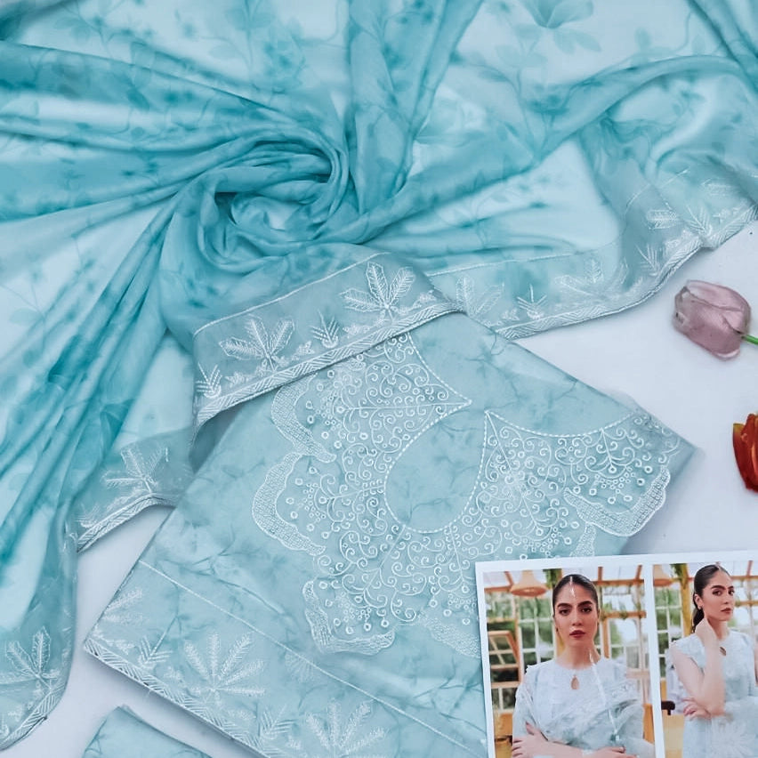 Farasha Sky Blue Embroidered Basic Lawn Suit